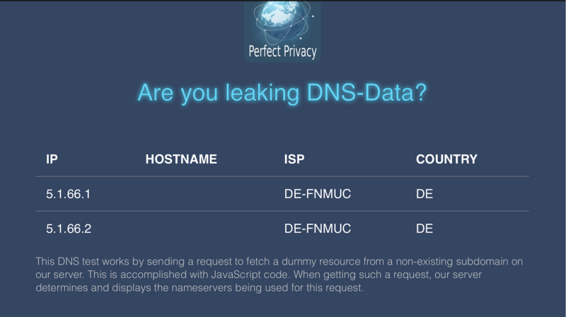 Bild: Ergebnis beim Testen via dns-leak.com